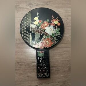 Vintage Otagiri Nesting Floral Hand Mirror‎ Handles Black Lacquer 6” Diameter.